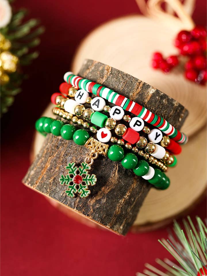 Gold Plated Multi Beading Christmas Snowflake 5pcs Bracelet Set for wholesale by Lovesoft
