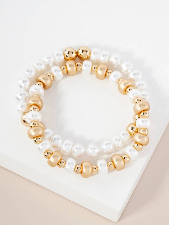 2-PC-Set Pearl And Metallic-Beaded Stackable Stretch Bracelet for wholesale by Wild Honey