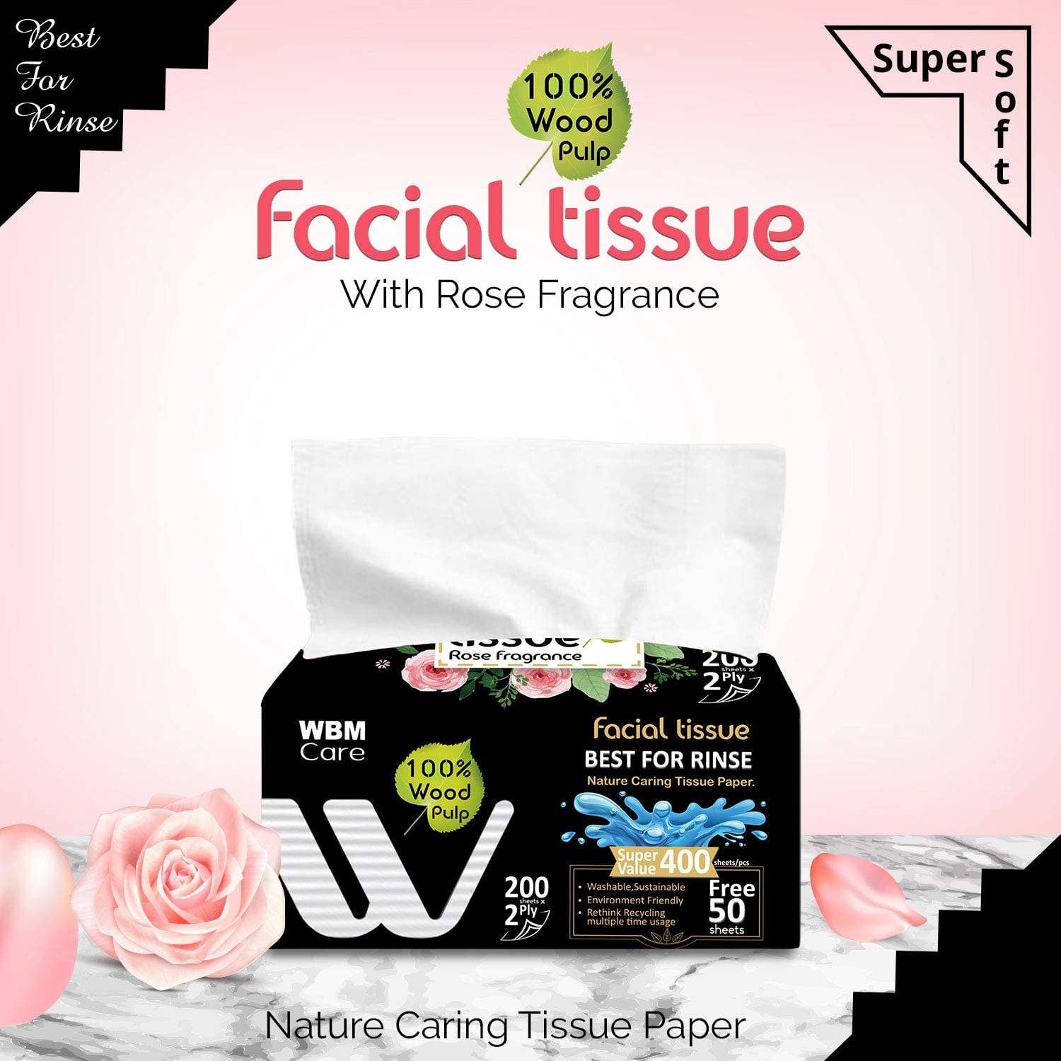 WBM LLC - Wholesale Tissue Paper - WBM Care Facial Tissue Rose Fragrance1