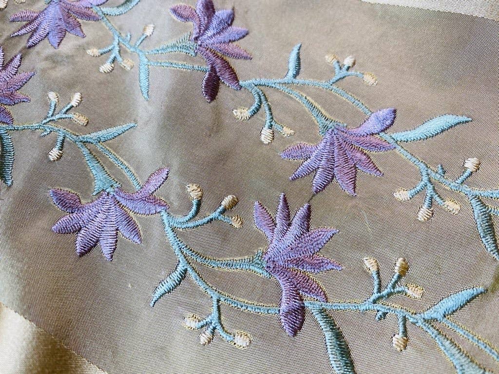 Fancy Styles Fabric - Wholesale Fabric - NEW Duchess Adele Designer 100% Silk Taffeta Ribbon Stripe Embroidered Floral Fabric in Gold and Lavender8