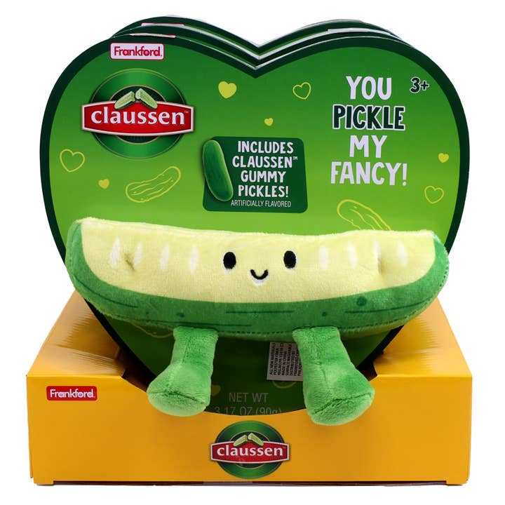 Claussen Pickle Valentine Heart Box w/ Plush, 3ct for wholesale by Grandpa Joe's Candy Shop