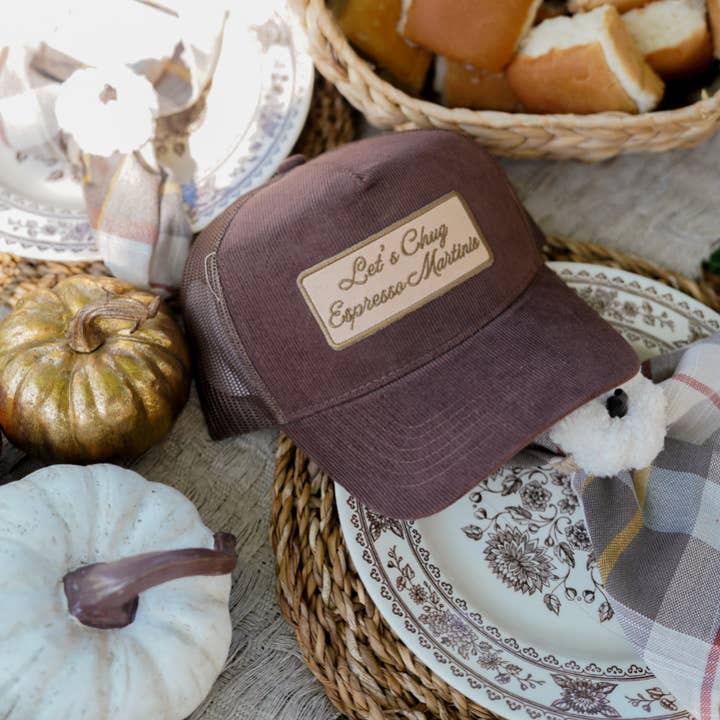 KENZKUSTOMZ - Wholesale Hat Accessory - Women's - Let's Chug Espresso Martinis - Brown Corduroy Trucker Hat2