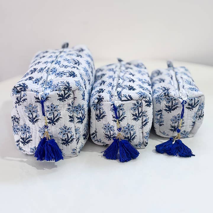 AMIMA HOME - Wholesale Makeup/Cosmetic Bag - BLUE MIRAGE block print cosmetic bag set of 31