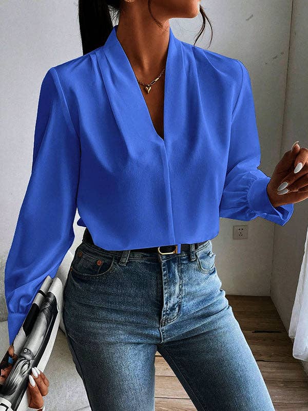 Sheer Trend - Vente Chemisier – femme - Blouses et chemises amples et plissées à manches longues, couleur unie, à joint fendu et col en V1