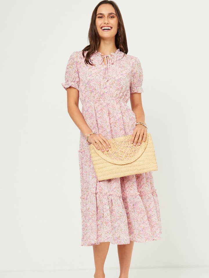 Womens Ruffle Tiered Tie Neck Floral Chiffon Dress for wholesale by Hayden LA