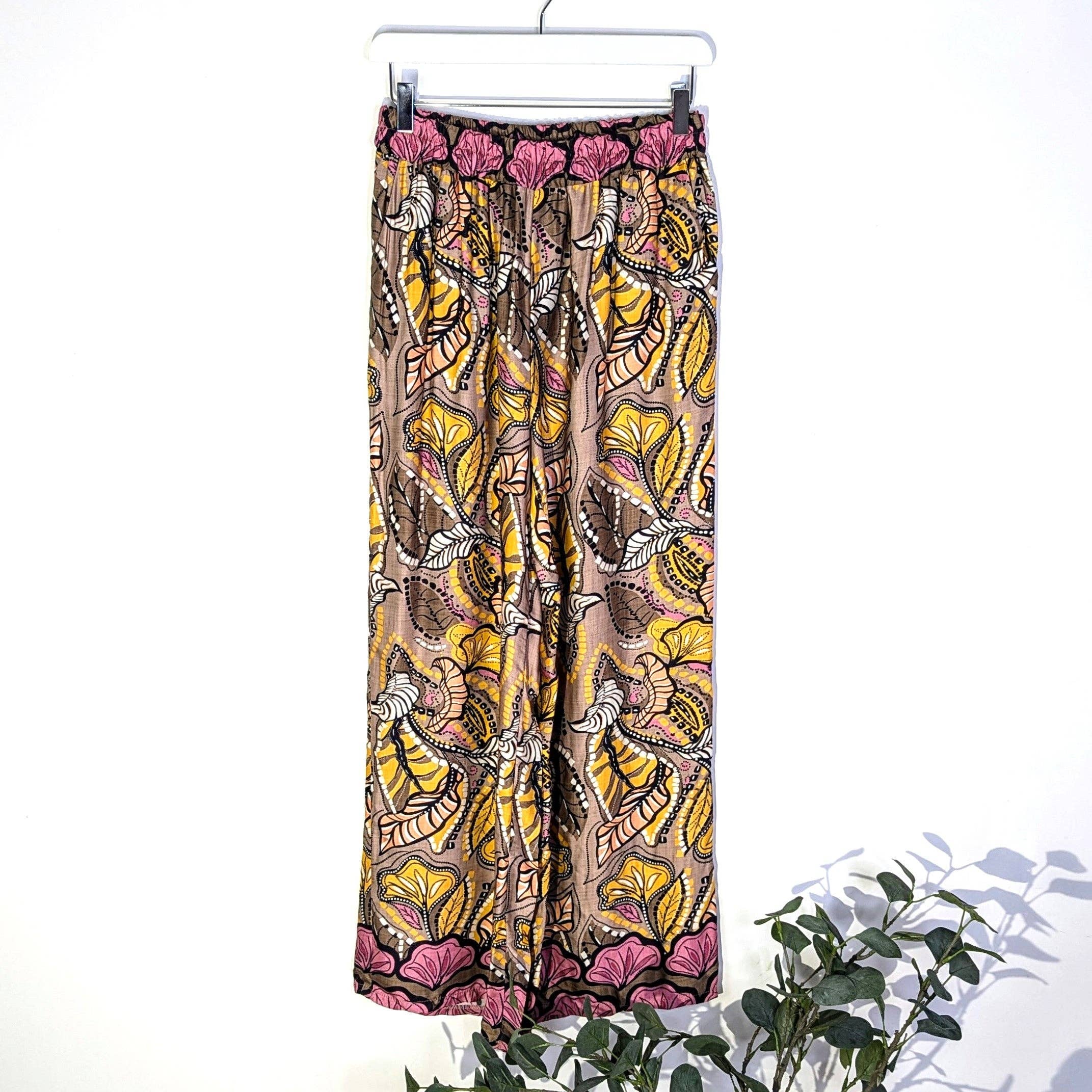Tempest Designs – wholesale Pants – Women's – Batik style print straight leg viscose trousers with coloured border2