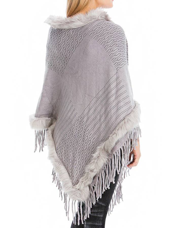 Cap Zone – wholesale Poncho – Women's – Faux Fur Lined Fringe Trim Pullover Poncho9