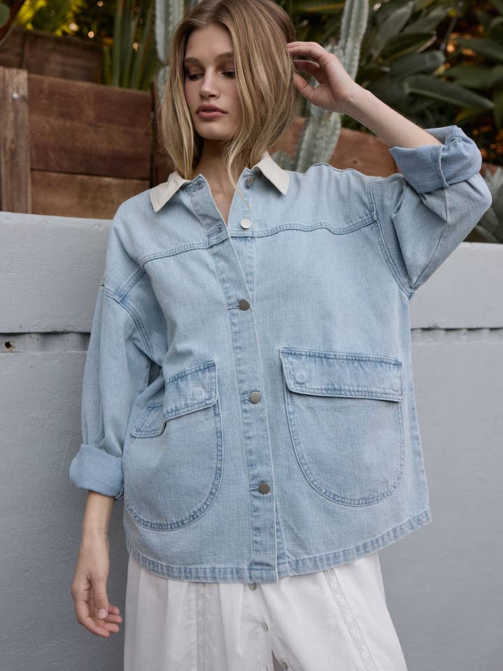 Contrast Collar Light Wash Denim Jacket - RJ1086 for wholesale by RAISONNEL