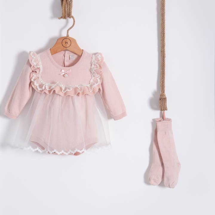 Knit Baby Dress with Lace Accents & Matching Knitted Socks for wholesale by Nipperland