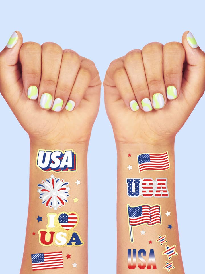 Tatouages temporaires Foil pour enfants du 4 juillet, USA Party Favor pour la vente par Petit Fetti