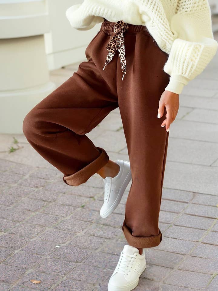 1 the Woman - Wholesale Pants - Women's - Fleece Lined Leopard Drawstring Elastic Waist Solid Pants1