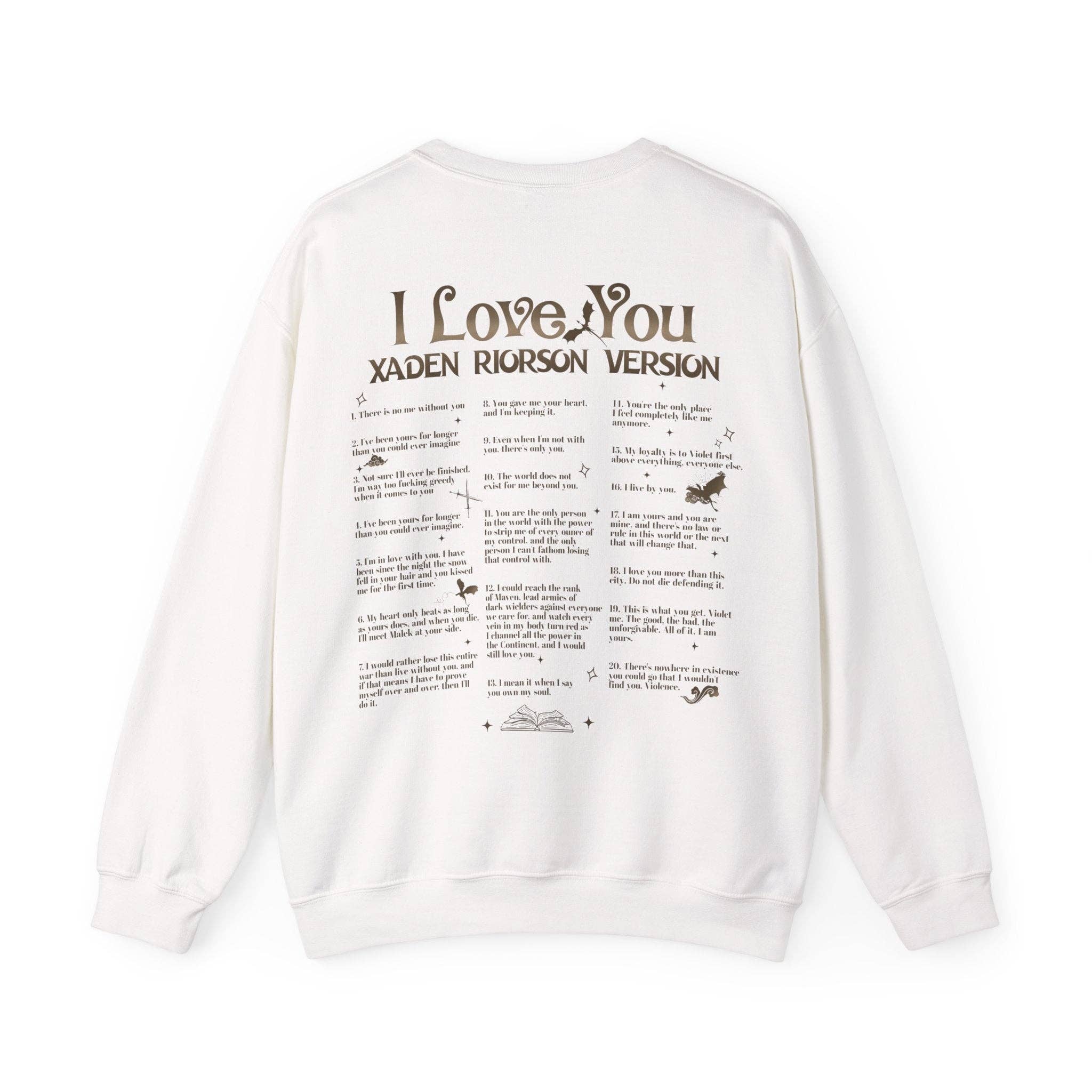 MagicMerchEmporium – Camisola gráfica - Mulher por atacado – "Camisola "I Love You - Versão Xaden Riorson" - Fourth Wing"10