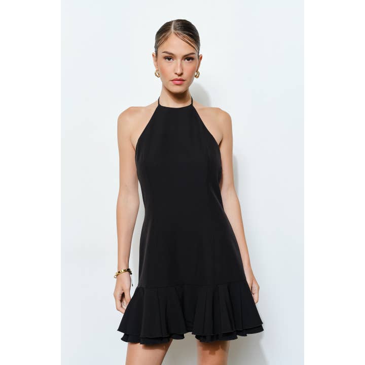 Halter Neck Tie-Back Ruffle Hem Mini Dress for wholesale by INA