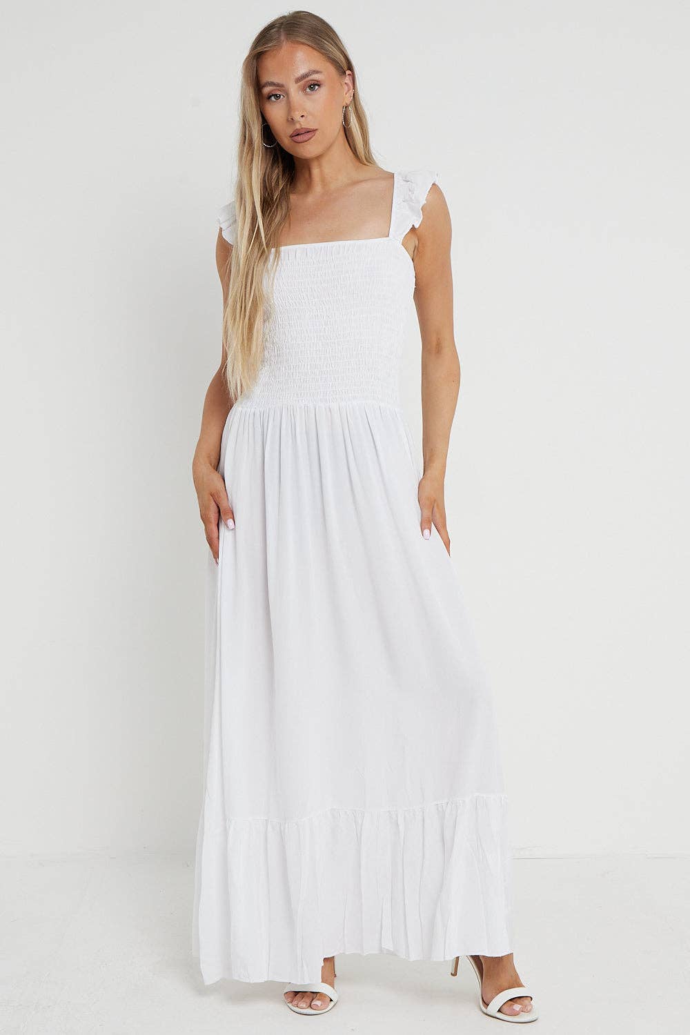 Aftershock London – wholesale Dress – Women's – White Shirred Maxi Dress With Frill1