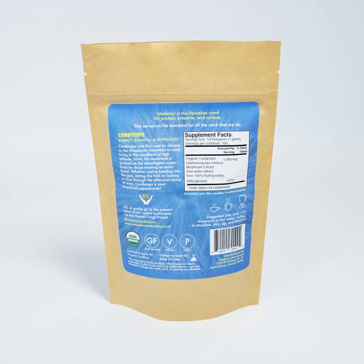 Malama Mushrooms - Wholesale Protein/Superfood Powder - Cordyceps Superfood Mushroom Powder - 3.5 oz 100% Organic