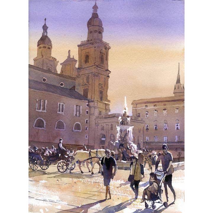 Peinture de paysage colorée au coucher du soleil de la ligne d'horizon de Salzbourg, Autriche, art essentiel pour la maison (impression) pour la vente par Ryan Fox Fine Art