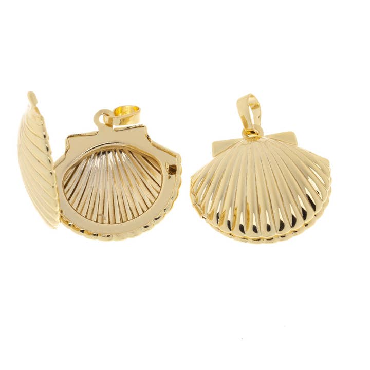 Jewel Pledge - Wholesale Individual Charm/Pendant - Gold Clam Shell Locket Charm Pendant CPG21295