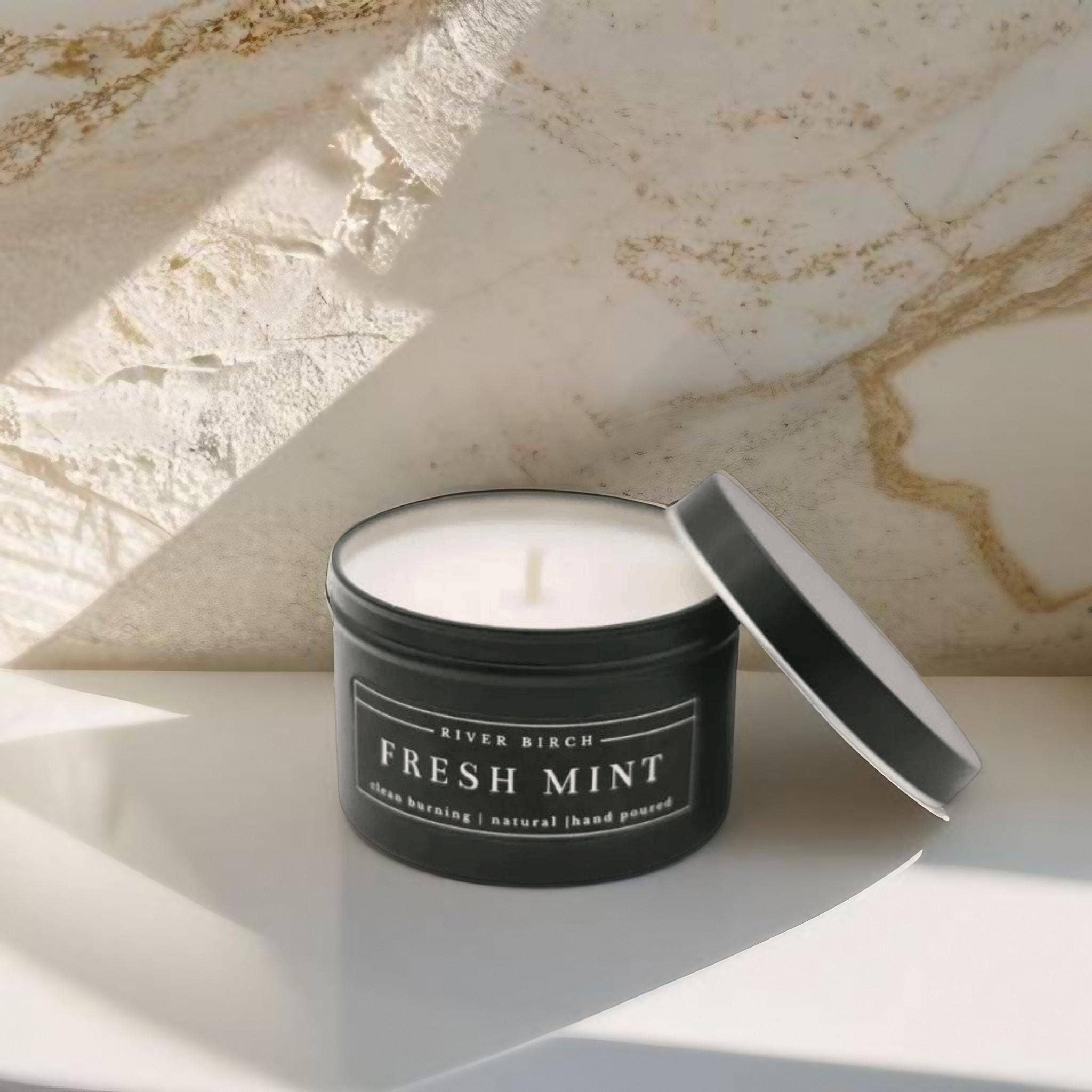 River Birch Candles - Wholesale Travel Candles - 8oz Fresh Mint - Black Tin Soy Candle3