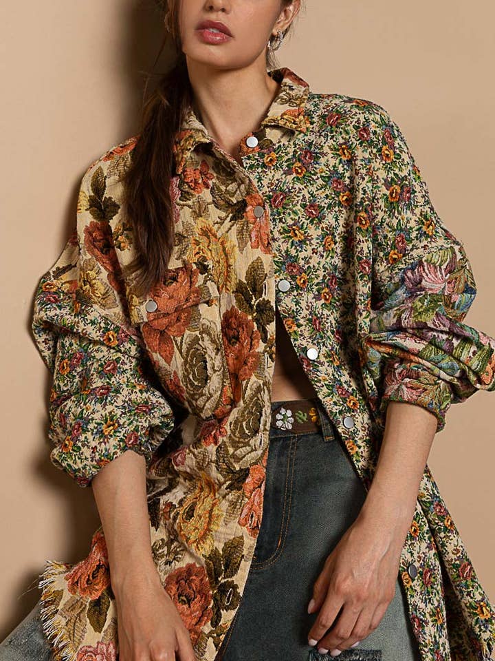 ORANGE MULTI Vintage wash floral pattern jacquard shacket for wholesale on Faire
