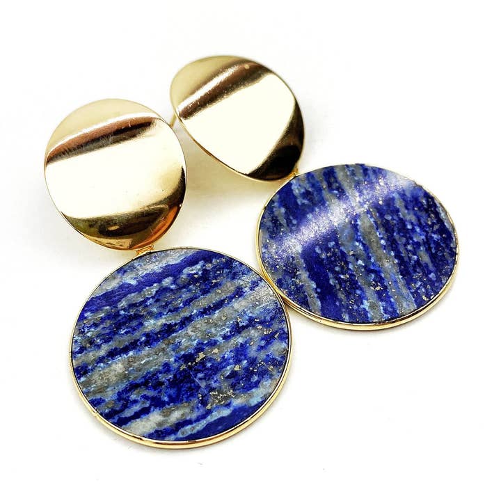 Black Lamb Design - Wholesale Dangle earrings - Cobalt Blue Lapis Lazuli Gold Dome Stud Earrings0