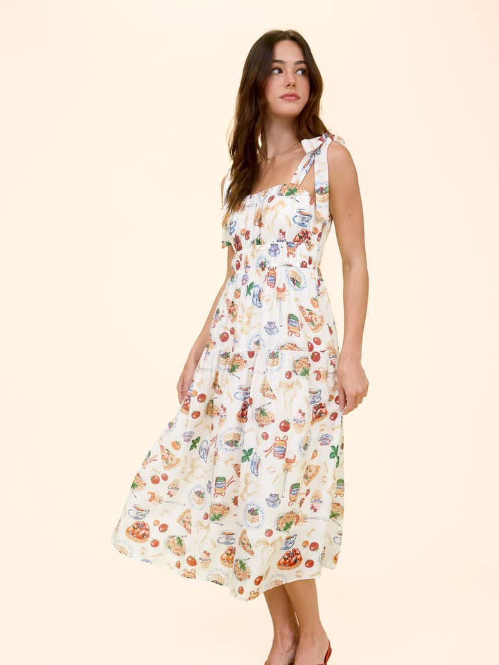 OFF WHITE MULTI TEA TIME PRINT TIE STRAP MIDI DRESS for wholesale on Faire