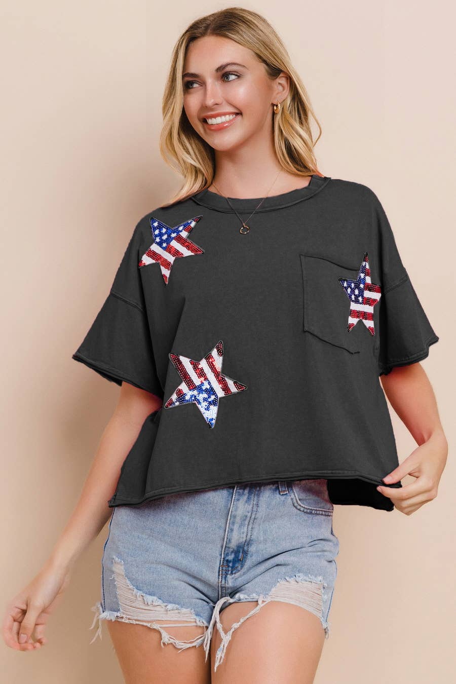Oddi - Wholesale T-Shirt - Women's - Plus Flag Star Sequin Patch Top0