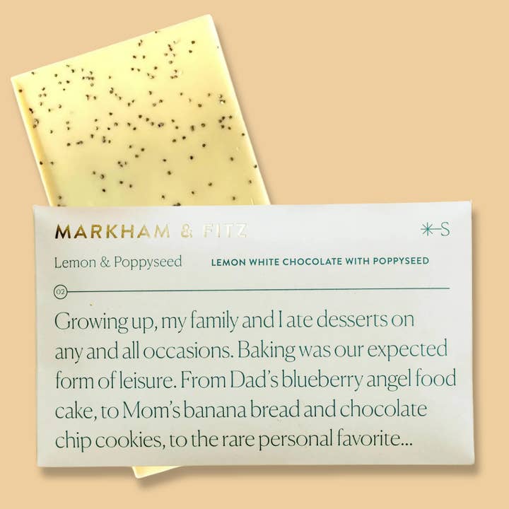 Lemon & Poppy Seed White Chocolate Bar for wholesale by Markham & Fitz Chocolate