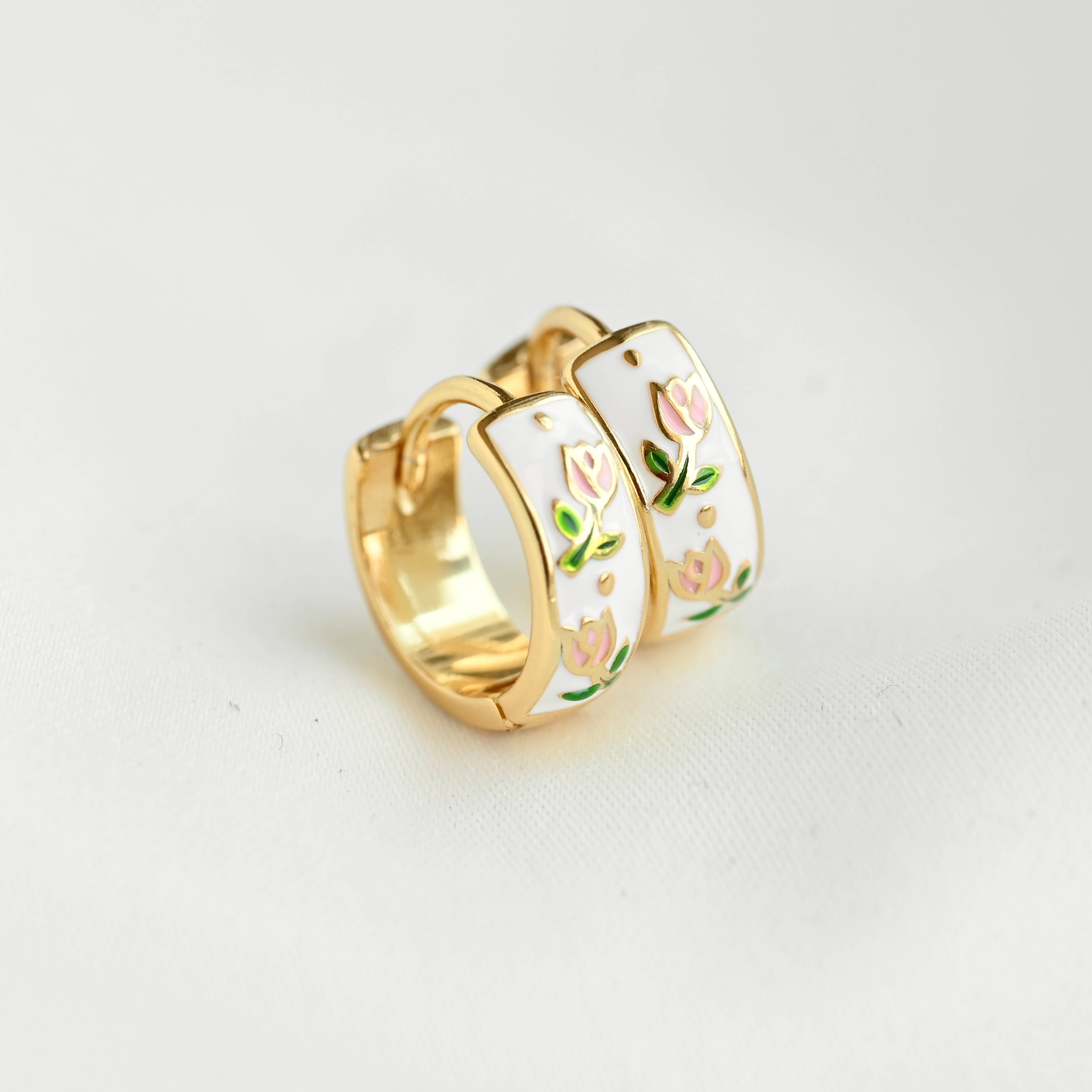 Blueyejewelry - Wholesale Huggie Earrings - Gold Enamel Flower Hoop Earrings-Vintage Style Silver Hoops5