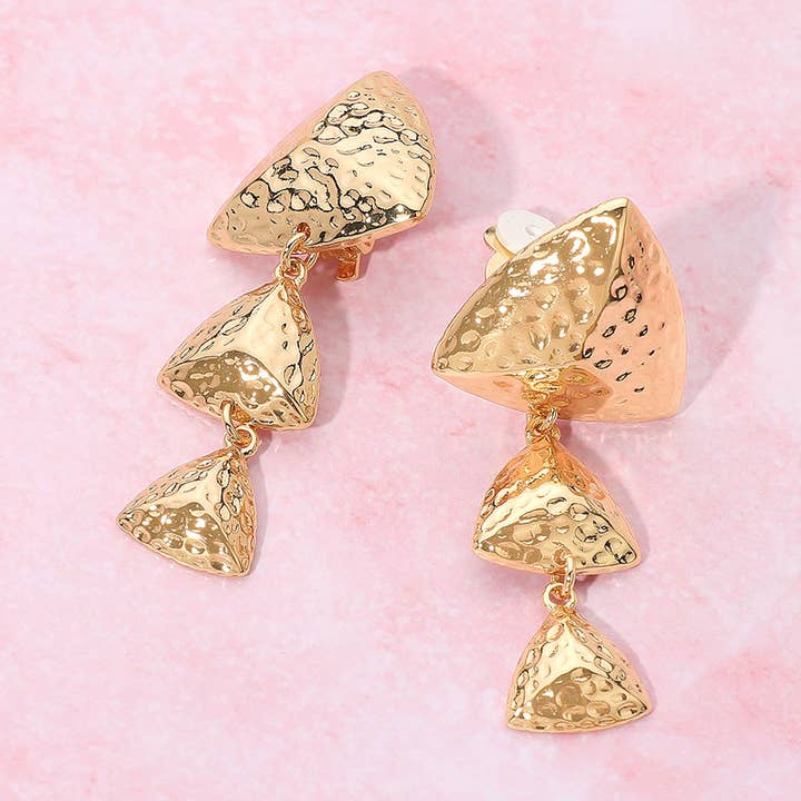 Triple Hammered Metal Triangle Link Drop Clip On Earrings for wholesale by Sensibling Corp.