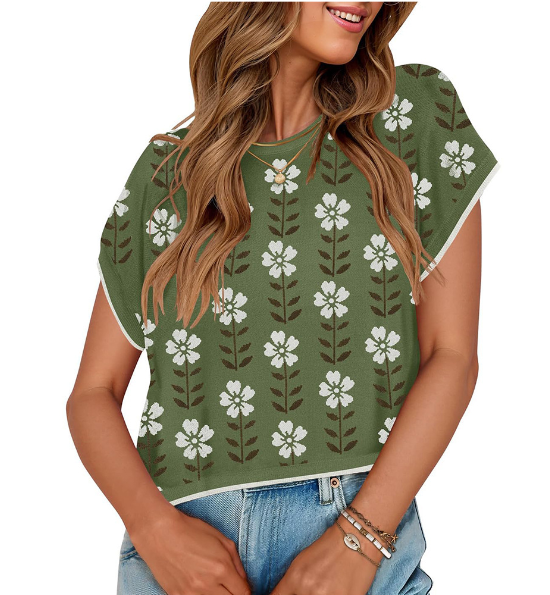 Lovesoft - Wholesale Knit Sweater - Women's - Retro Floral Knit Crop Top Short Sleeve Vintage Pullover Tee2