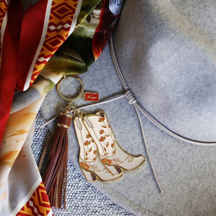 Pink Floral Cowgirl Boots Keychain Bag Charm for wholesale by Sophisticated Country Lady