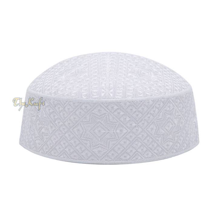 Pakistani Muslim Kufi Hats White Intricate Embroidery for wholesale by IndoMode
