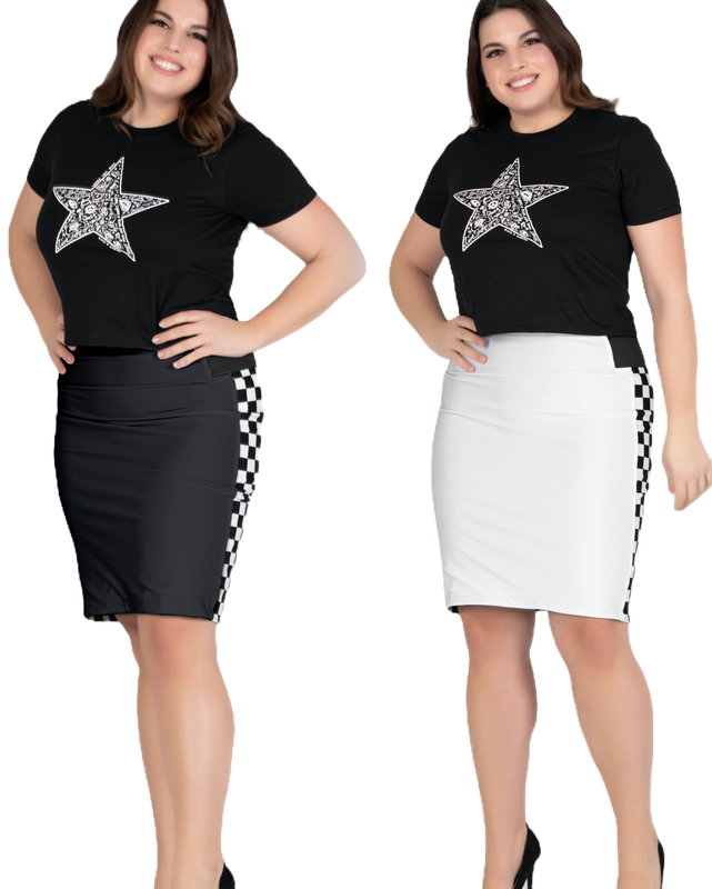 Fever1 Fashion – Engroshandel Nederdel - Dame – Vendbar sort/hvid kort nederdel med ternede sider0