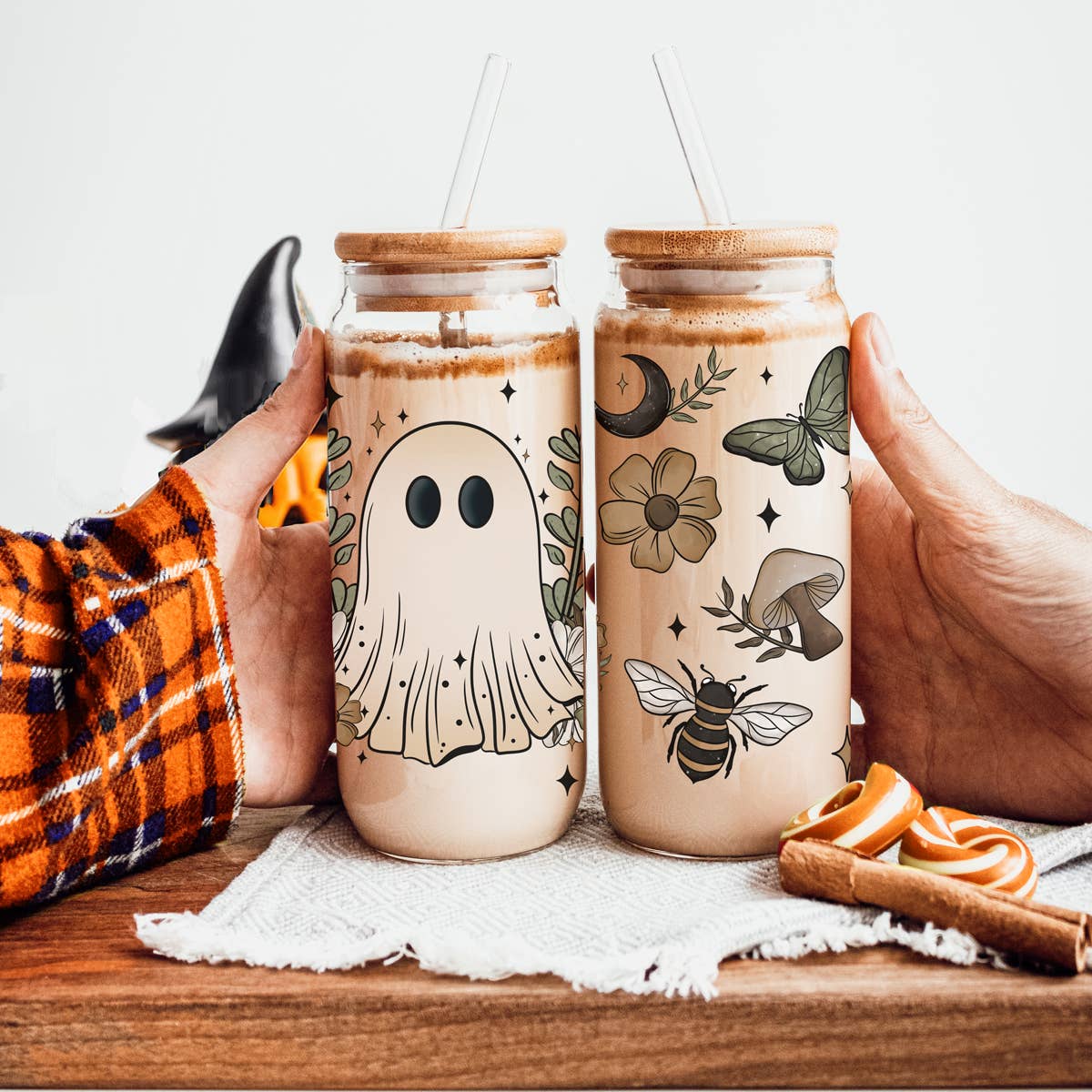 Gia Roma - Wholesale Drinking Glass/Cup - Candy Cane Christmas Can Glass. Cup With Glass Straw & Lid144