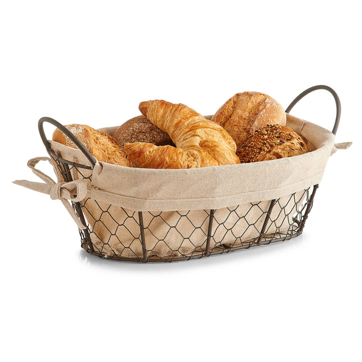 brown beige Bread Basket with Bag "Countrystyle", Metal/Linen for wholesale on Faire1