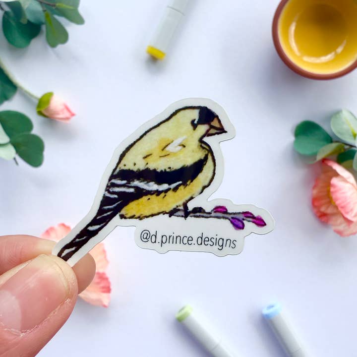 Hand-Illustrated Goldfinch | 2" Vinyl Sticker for wholesale by D. Prince Designs