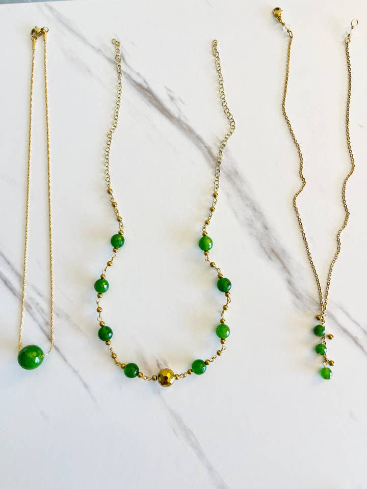 Trio of Green Quartzite and Gold Plated SS Necklaces for wholesale by Hand Art Soul