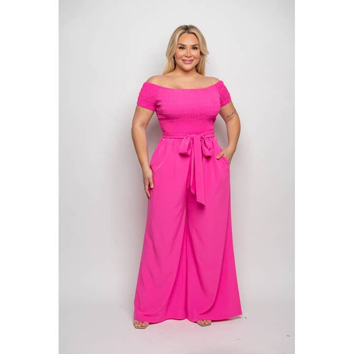 PLUS SIZE SMOCKED OFF SHOULDER WIDE LEG JUMPSUIT for wholesale by Curve Market