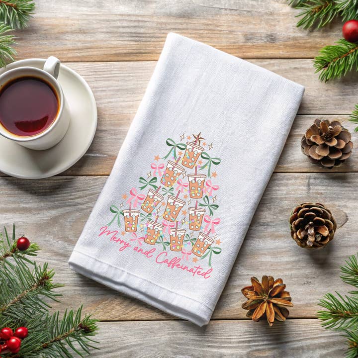Holiday Dish Towel | Merry & Caffeinated #1 for wholesale by Designs By Hope Yoder