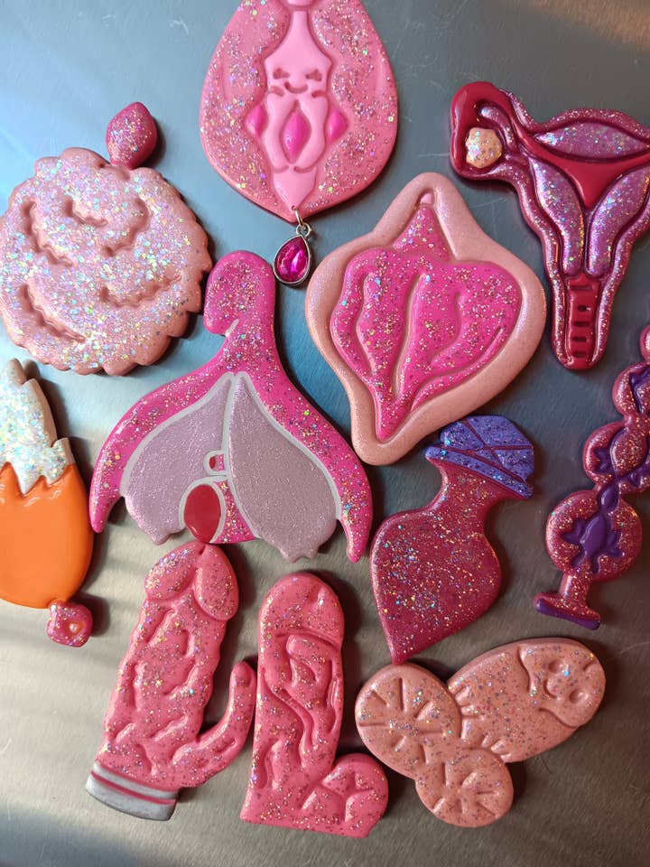 Naughty magnets made with polymer clay and glitter for wholesale by Bunnie Sparkles