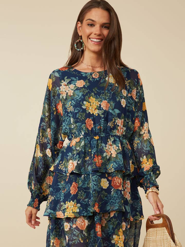 Vestido de mujer con falda escalonada y puños fruncidos de flores mixtas para venta al por mayor de Hayden LA