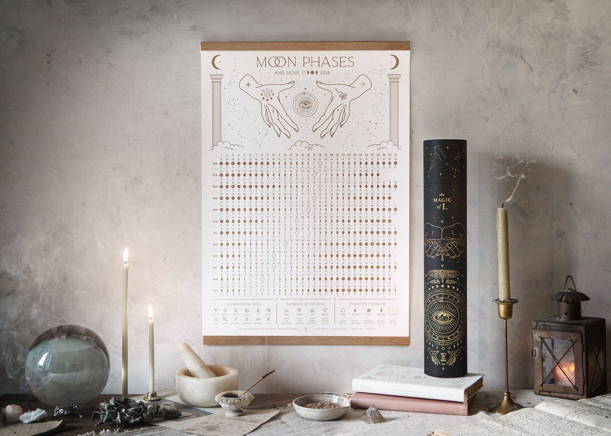 Vit 2026 Månfaser + Tecken Kalender för wholesale på Faire3