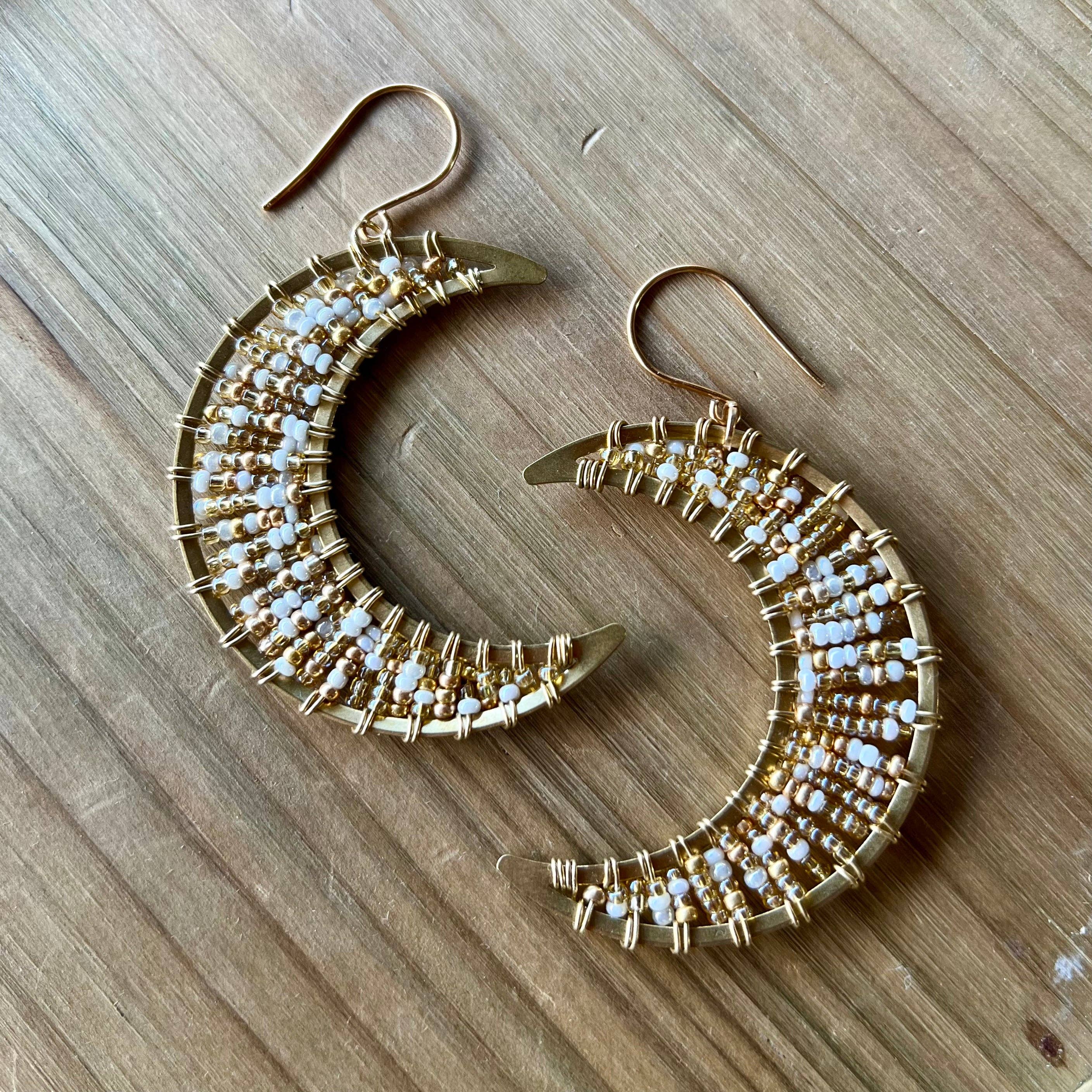 MorninGloria's - Wholesale Dangle Earrings - Large Beaded Crescent Luna Brass Moon Earrings1