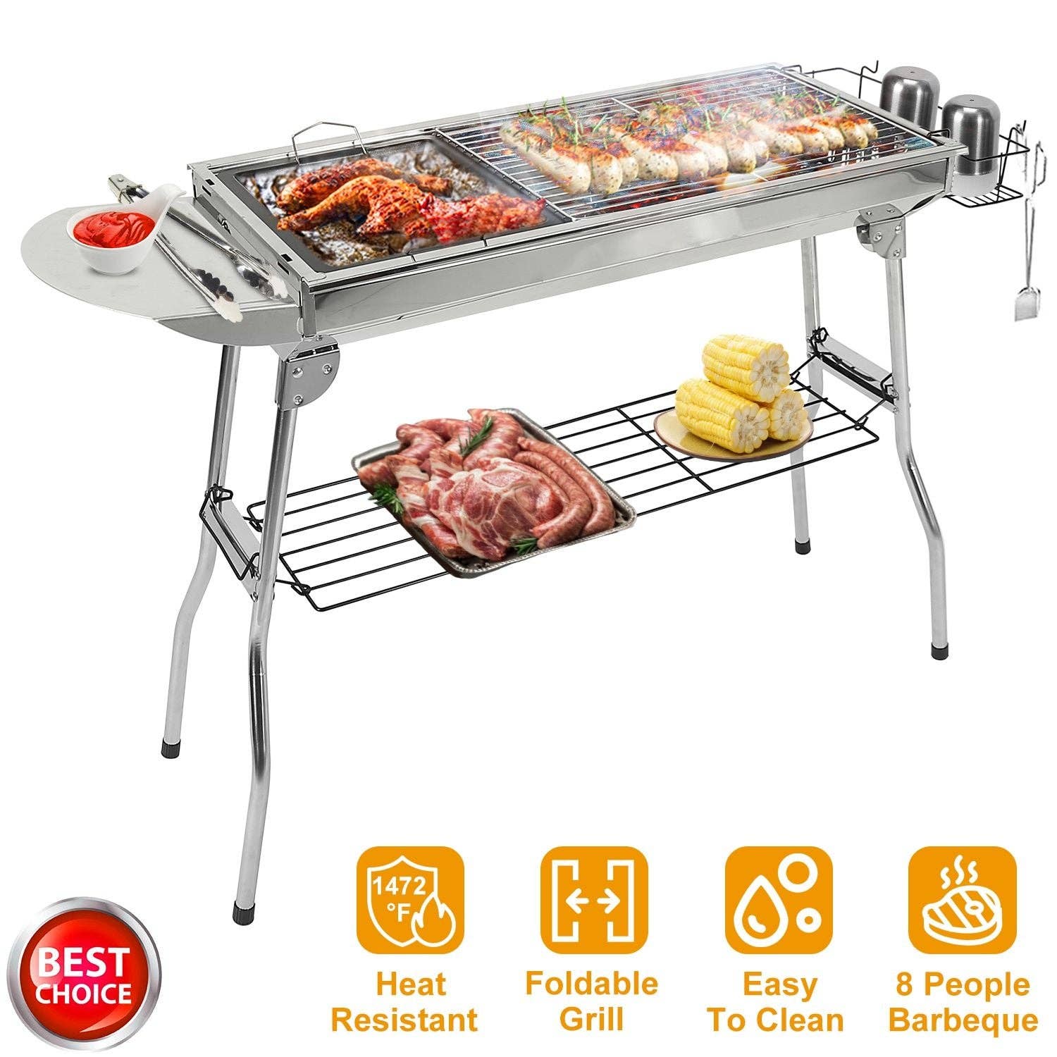 Silver Foldable BBQ Grill Portable Charcoal Barbeque Grill Stainless Steel BBQ Grill For Picnic Camping Backyard Cooking for wholesale on Faire3