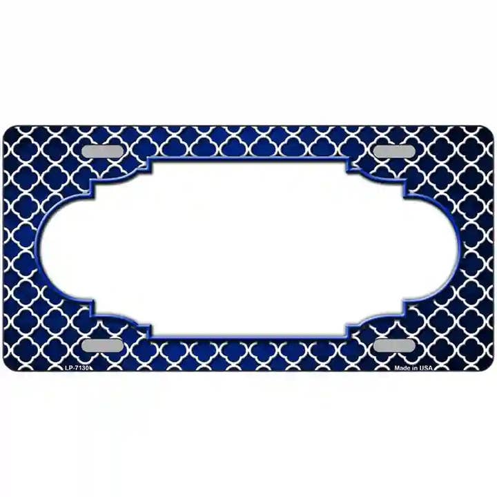 Blue White Quatrefoil Scallop Oil Rubbed License Plate for wholesale by Smart Blonde