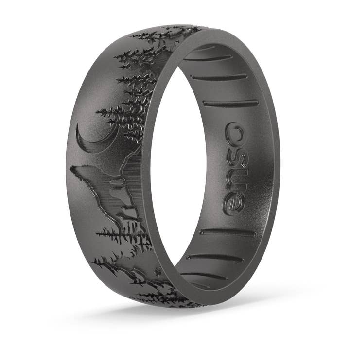 Etched Silicone Ring - Lone Wolf - Platinum for wholesale by Enso Rings