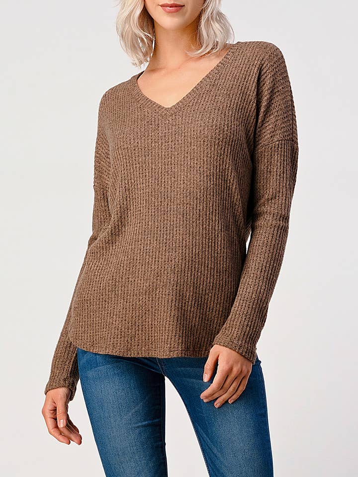 V-neck Long Sleeve Waffle Brushed Knit Top, T421 for wholesale by Heimious