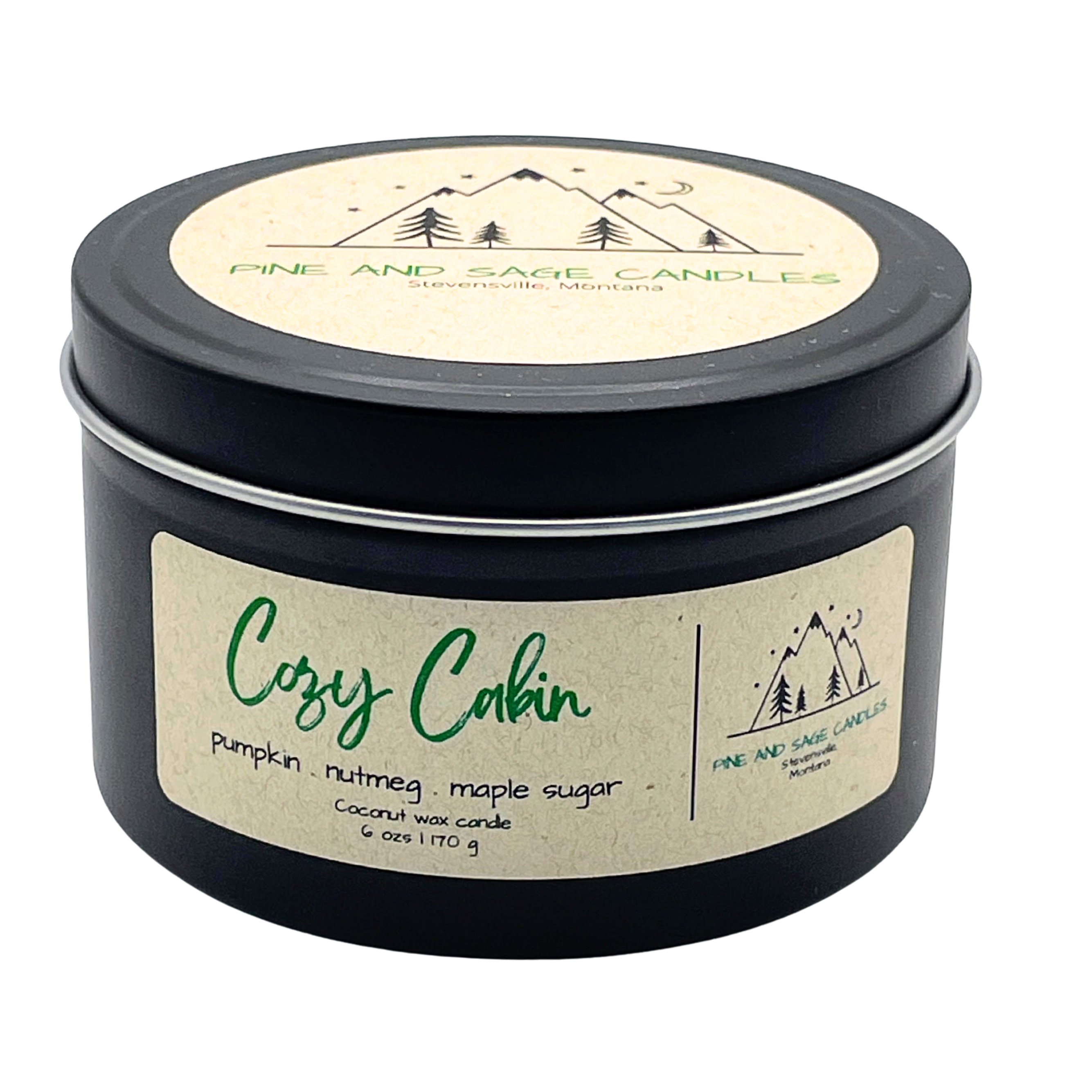 Pine and Sage Candles - Wholesale Travel Candles - Cozy Cabin - 6 oz Black Matte Candle Tin6