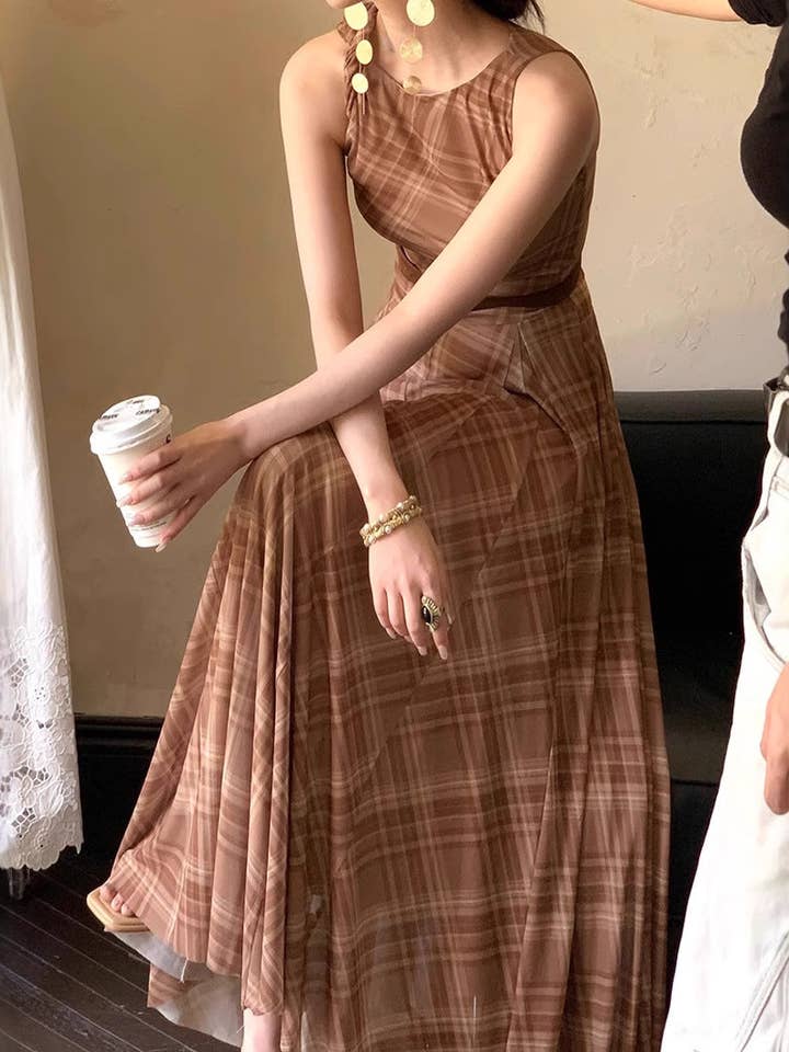 Khaki Brown Plaid Modern Love Retro French Chic Sleeveless Maxi Dress for wholesale on Faire2