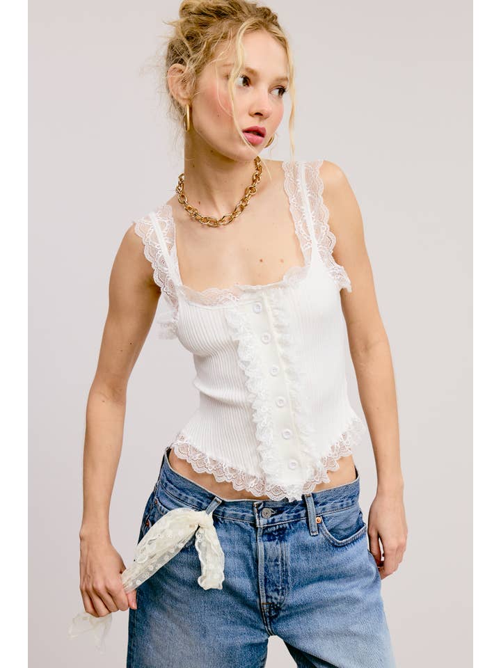 Mimosa - Wholesale Tank Top - Women's - Scalloped Lace Trim Corset-Bodice Knit Tank Top3